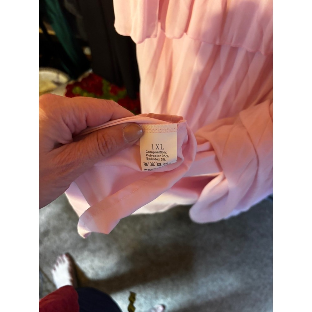298. Light Pink Pleated Maxi Dress Double Layer Flutter Sleeve 1XL Wedding Guest - Picture 5 of 5